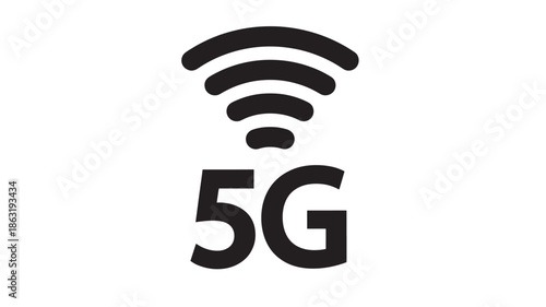 Minimalist black 5G icon featuring four curved WiFi-style arcs above bold 5G letters on a white background, vector illustration