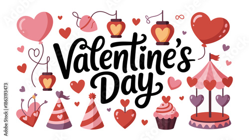 Valentine's Day Elements: A collection of charming Valentine's Day illustrations, including hearts, balloons, and lanterns, embodying the spirit of love and celebration.