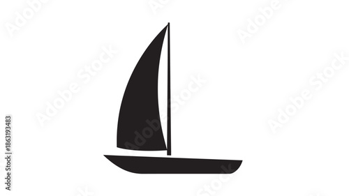 Black sailboat silhouette on white background, minimalist side-view vector icon with curved hull and tall sail for nautical design projects