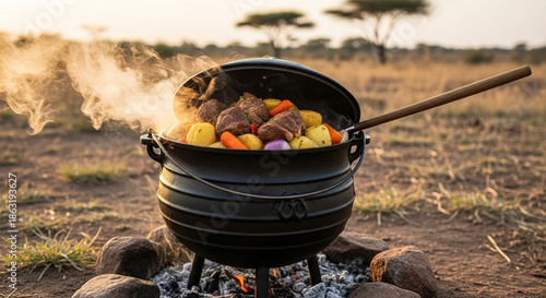 Traditional South African Potjie (Cast Iron Pot) Cooking Meat and Vegetables Over Open Campfire in the Bushveld at Sunset