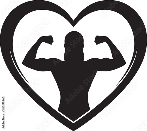 Silhouette of a muscular person flexing inside a heart shape