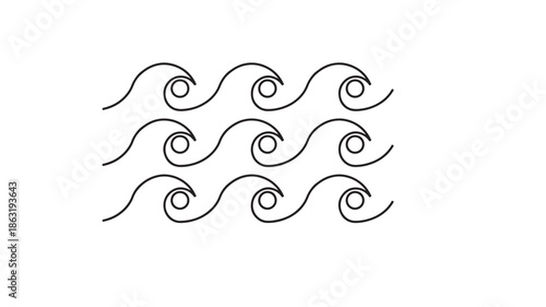 Minimalist black line art pattern of stylized ocean waves with circular spirals in a repeating vector design for branding, backgrounds, or textiles