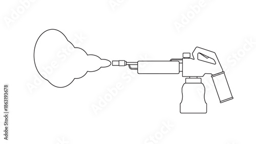 Black line drawing of a handheld spray gun with canister releasing mist, outline vector illustration for painting projects, DIY reference
