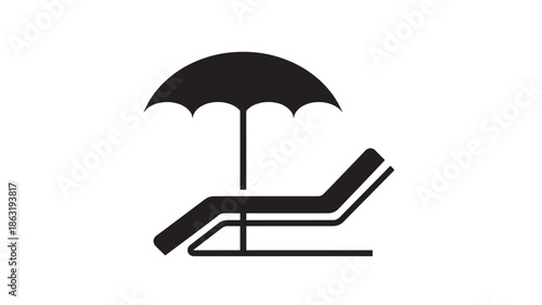 Black vector silhouette of a beach lounge chair under a sun umbrella on a sandy beach, minimalist flat design travel icon for vacations, brochures