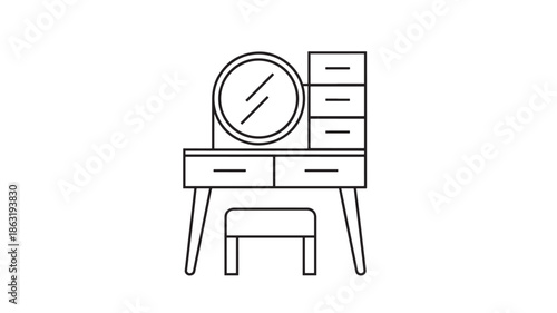 Minimalist black line drawing of a vanity desk with a round mirror, stacked drawers, angled legs, and a small stool beneath, on white background