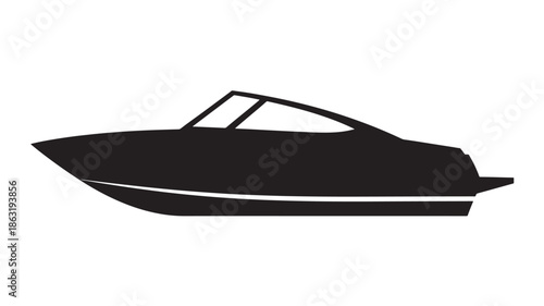 Side view of a black speedboat silhouette with a sleek hull and cabin windows, minimalist vector illustration on white background, transport image
