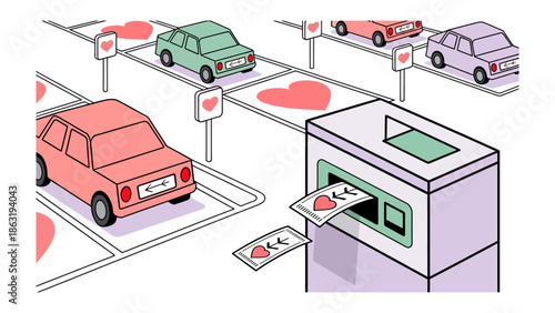 Love in the Parking Lot: A whimsical illustration showcases a car park with cars, ticket machine and love symbols. A whimsical illustration with a car park theme.