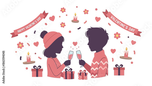 Valentine's Toast of Romance: A tender moment of love, two silhouettes toast to Valentine's Day. Gifts, candles, and hearts surround them in this sweet scene.