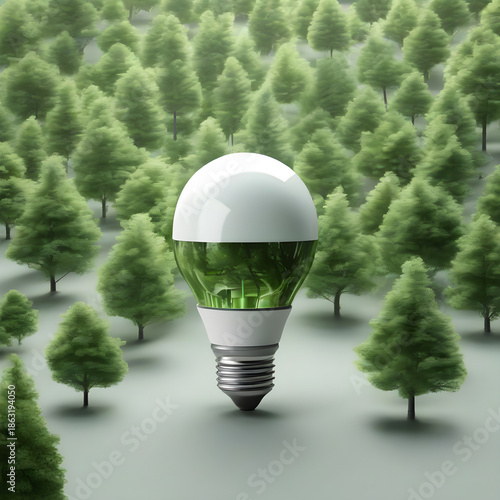 A bright idea light bulb with a forest inside representing eco friendly energy
