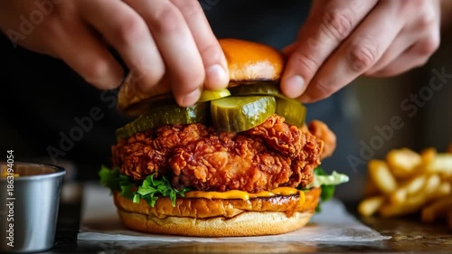 Wallpaper Mural Delicious fried chicken sandwich with pickles and fries preparation Torontodigital.ca