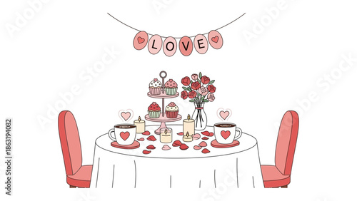 Romantic Valentine's Date Setup: The scene is set for romance, featuring a beautifully adorned table with two chairs, the centerpiece being a bouquet of roses, cupcakes and cups.