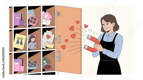 Love Letter Locker: A woman stands beside an open locker, a whimsical representation of affection. Hearts float in the air, seemingly pulled by a magnet, hinting at sentiments kept within the locker.