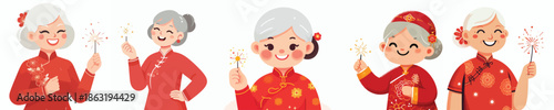 vector half body of grandmother holding Chinese New Year fireworks