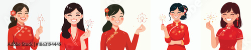 vector half body of woman holding Chinese New Year fireworks