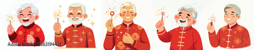 vector half body of grandfather holding Chinese New Year fireworks
