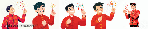 vector half body of man holding Chinese New Year fireworks