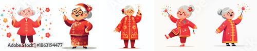 vector of grandmother playing Chinese New Year fireworks