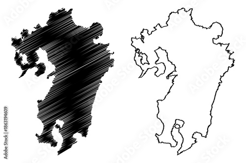 Kyushu island (Japan, East Asia, Japanese archipelago) map vector illustration, scribble sketch Kyushu map