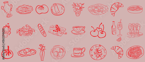2026/ food illustrations. Wedding or romantic dinner icons. Summer Italian picnic. Champagne, cheese, dessert drawings for wedding invitations, cafe, parties.