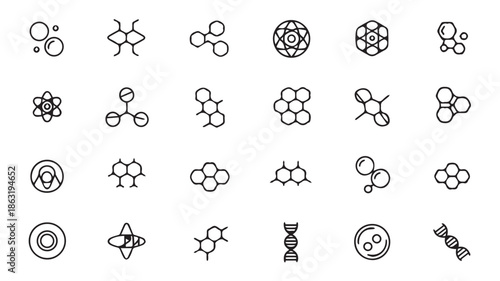 A collection of 20 simple black and white molecular and scientific icons on a white background