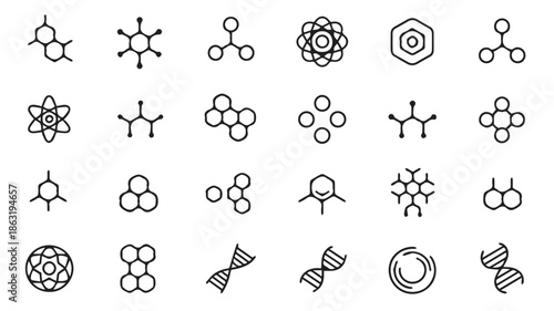 A collection of twenty black and white molecular structures and scientific illustrations on a white background