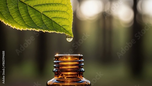 Essential Oil Droplet Falling into Bottle.