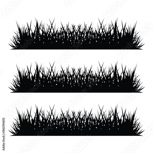 Set of three black grass silhouettes isolated on with varying heights and densities