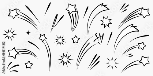 A collection of black and white sparkling star and shine line art elements