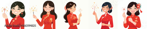 vector half body of woman holding Chinese New Year fireworks