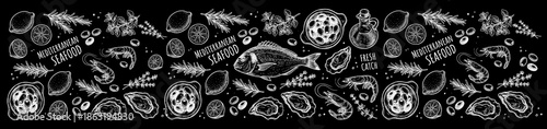 Black chalkboard banner featuring hand drawn seafood illustrations and typography