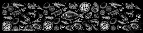 Obraz  z motywem Black chalkboard banner featuring hand drawn seafood illustrations and typography