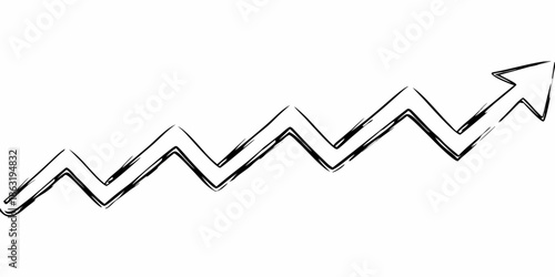 A hand drawn black and white illustration of a jagged upward trending arrow