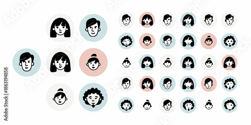 Diverse collection of circular profile portraits featuring various hairstyles and faces