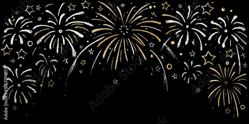 A festive display of golden and white fireworks against a dark backdrop