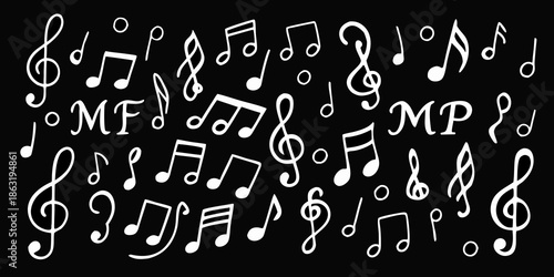 An assortment of musical notes and symbols on a black background