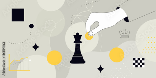 Abstract chess composition with a hand reaching for a golden pawn