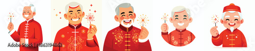 vector half body of grandfather holding Chinese New Year fireworks