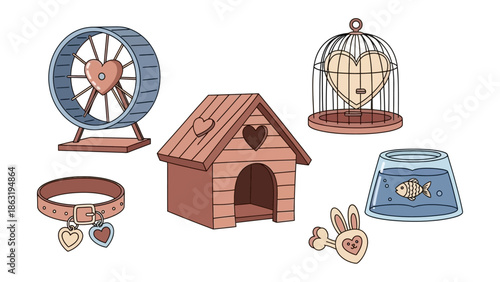 Playful Pet Paradise: A collection of charming pet accessories arranged with heart-shaped elements, suggesting a whimsical and loving environment for small animal companions.