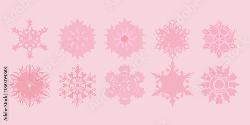 A collection of delicate pink snowflakes against a soft pink background