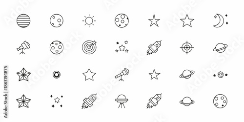 Collection of minimalist black and white space icons showing planets stars and rockets