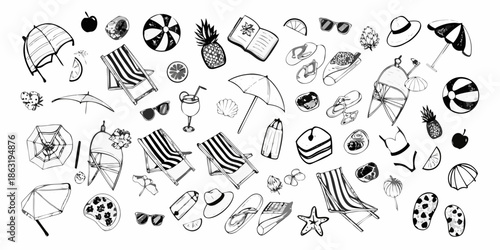 A charming black and white doodle of summer vacation essentials and fruits