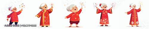vector of grandmother playing Chinese New Year fireworks