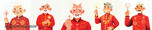 vector half body of grandfather holding Chinese New Year fireworks