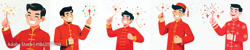 vector half body of man holding Chinese New Year fireworks