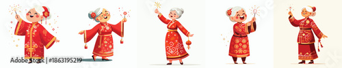 vector of grandmother playing Chinese New Year fireworks