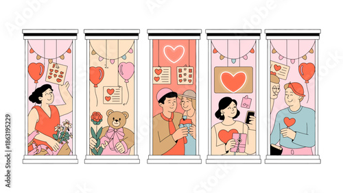 Love's Windows: A heartwarming illustration showcases a series of vignettes, each capturing the essence of affection and romance within a stylish setting.