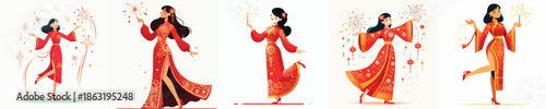 vector of woman playing Chinese New Year fireworks