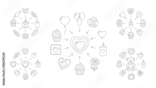 Love's Delicate Whispers: A series of interconnected illustrations showcasing heart and associated symbols for love and affection, presented with an elegant touch. 