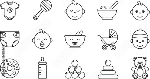 Baby care icons, baby face, diaper, bottle, stroller, toy, food, crying baby, teddy bear, rattle, beanie, black line vector