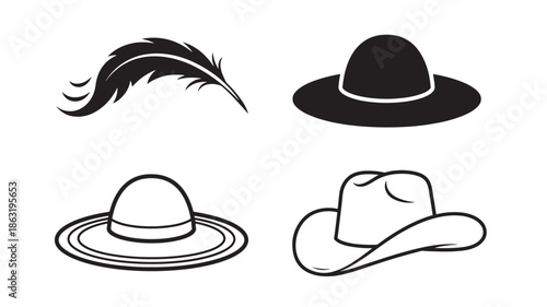 Set of four hat silhouettes: feather plume, wide floppy sun hat, layered straw hat with concentric rings, and curved-brim cowboy hat vector icons